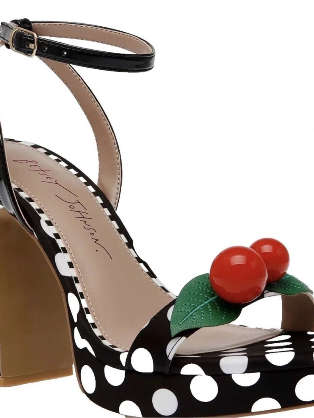 Betsey Johnson Black White Polka Dot Platform Sandal Red Cherry Accent SZ8M